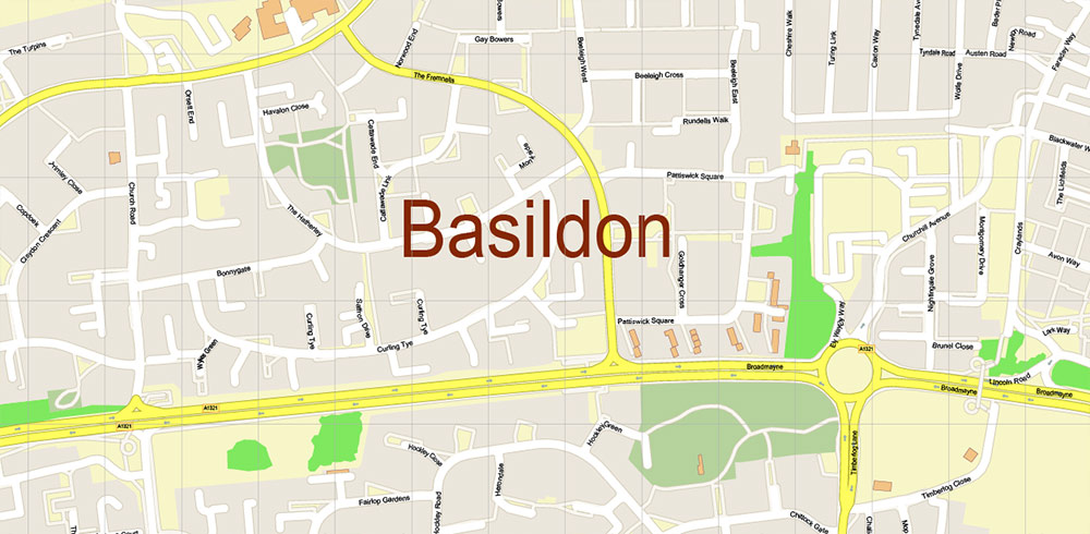 Basildon UK Map Vector City Plan High Detailed Street Map editable Adobe Illustrator in layers