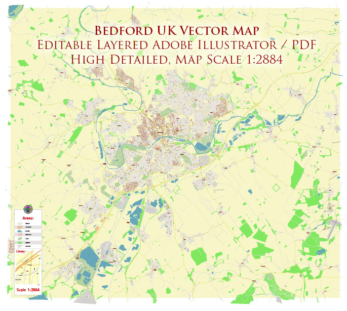 Bedford UK PDF Vector Map: City Plan High Detailed Street Map editable Adobe PDF in layers