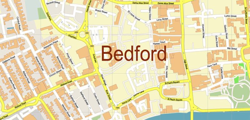 Bedford UK Map Vector City Plan High Detailed Street Map editable Adobe Illustrator in layers