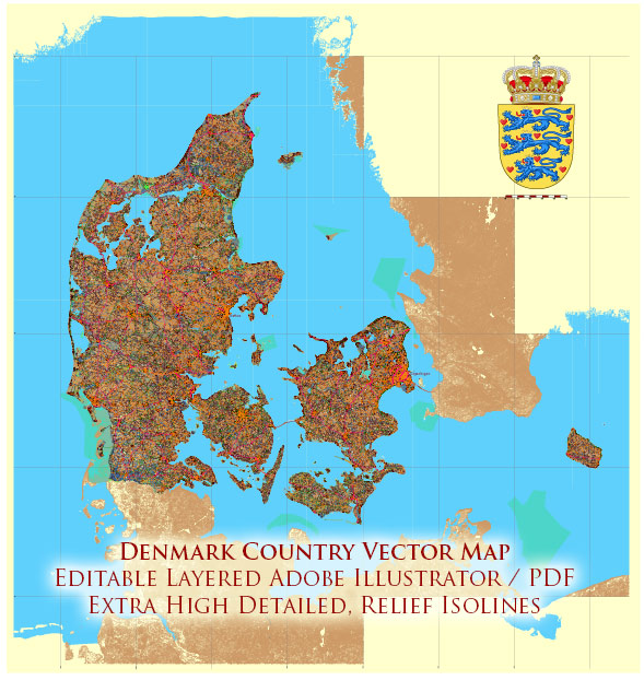 Denmark complete country Map Vector Extra High Detailed Street Road Map + relief Isolines editable Adobe Illustrator in layers
