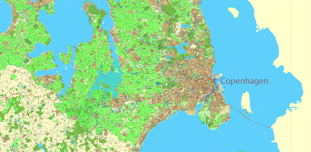 Denmark complete country PDF Vector Map Extra High Detailed Street Road Map + relief Isolines editable Adobe PDF in layers