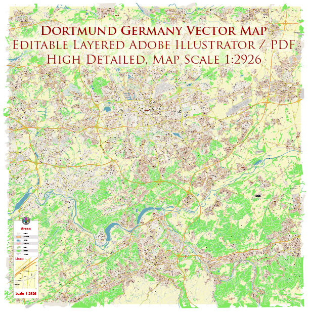Dortmund Germany PDF Vector Map: City Plan High Detailed Street Map editable Adobe PDF in layers