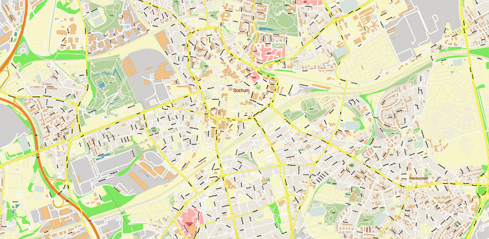 Essen + Bochum Germany PDF Vector Map: City Plan High Detailed Street Map editable Adobe PDF in layers