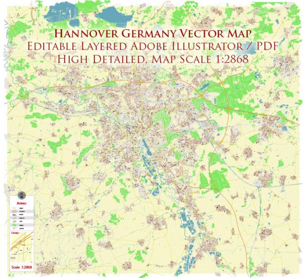 Hannover Germany Map Vector City Plan High Detailed Street Map editable Adobe Illustrator in layers