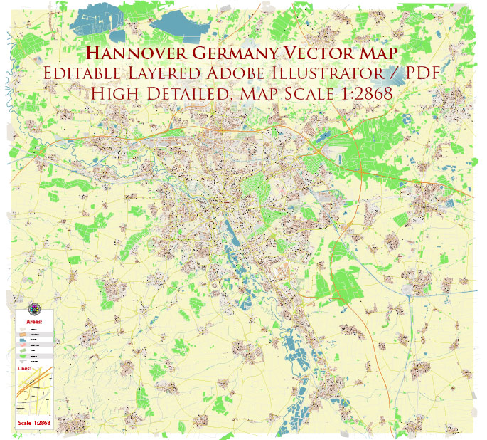 Hannover Germany Map Vector City Plan High Detailed Street Map editable Adobe Illustrator in layers