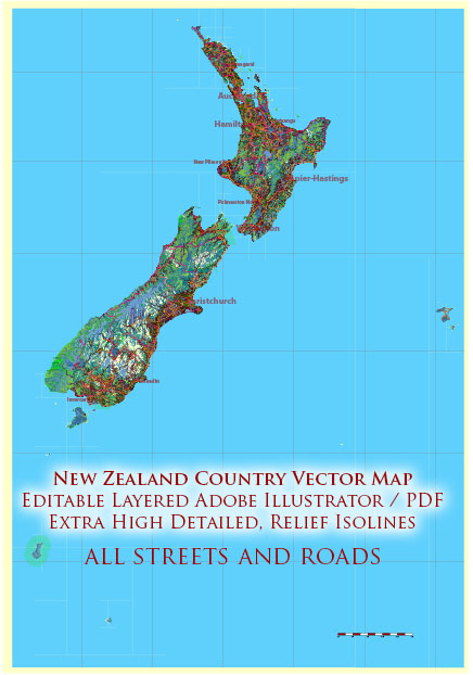 New Zealand complete country Map Vector Extra High Detailed Street Road Map + relief Isolines editable Adobe Illustrator in layers