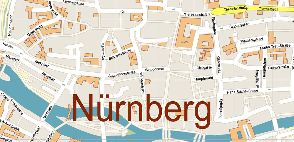 Nuremberg / Nürnberg Germany PDF Vector Map: City Plan High Detailed Street Map editable Adobe PDF in layers