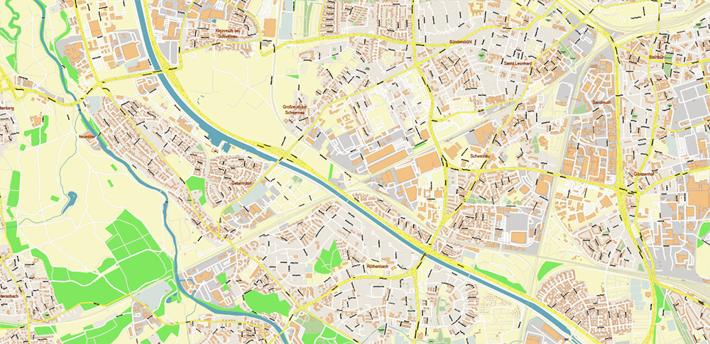 Nuremberg / Nürnberg Germany Map Vector City Plan High Detailed Street Map editable Adobe Illustrator in layers