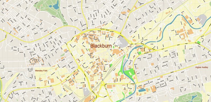 Blackburn UK Map Vector City Plan High Detailed Street Map editable Adobe Illustrator in layers