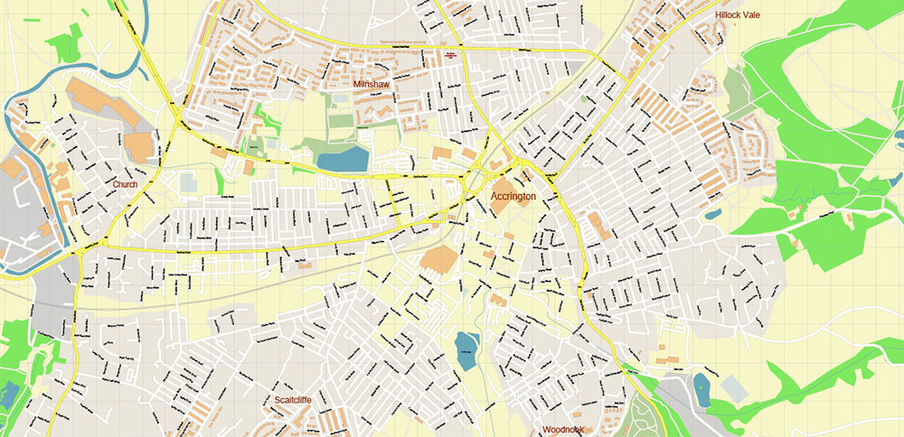 Blackburn UK PDF Vector Map: City Plan High Detailed Street Map editable Adobe PDF in layers