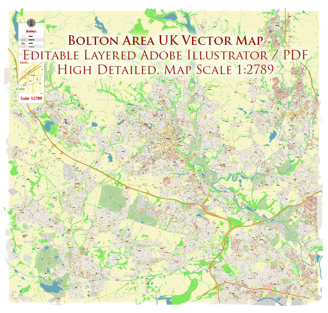 Bolton UK PDF Vector Map: City Plan High Detailed Street Map editable Adobe PDF in layers
