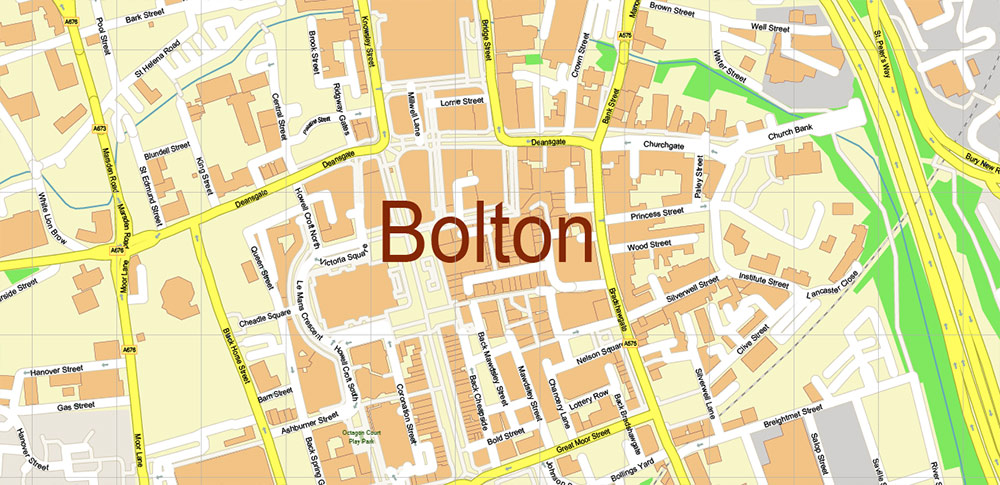 Bolton UK PDF Vector Map: City Plan High Detailed Street Map editable Adobe PDF in layers