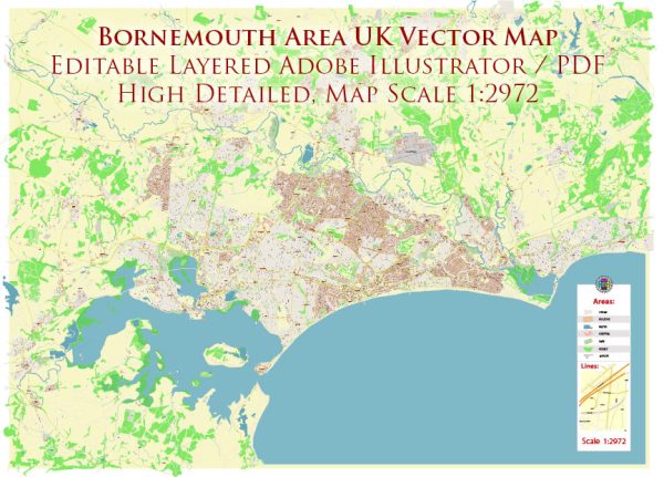 Bournemouth UK Map Vector City Plan High Detailed Street Map editable Adobe Illustrator in layers