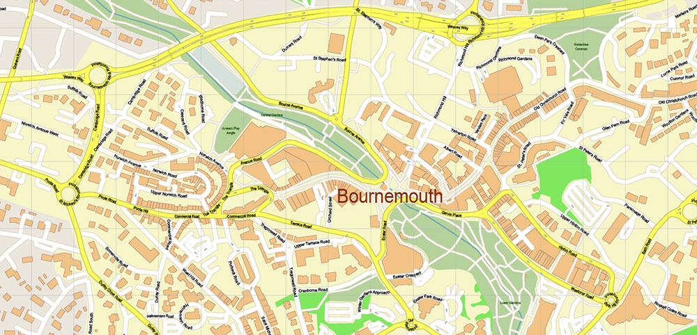 Bournemouth UK PDF Vector Map: City Plan High Detailed Street Map editable Adobe PDF in layers