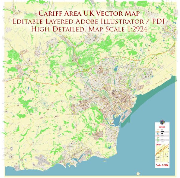 Cardiff UK Map Vector City Plan High Detailed Street Map editable Adobe Illustrator in layers