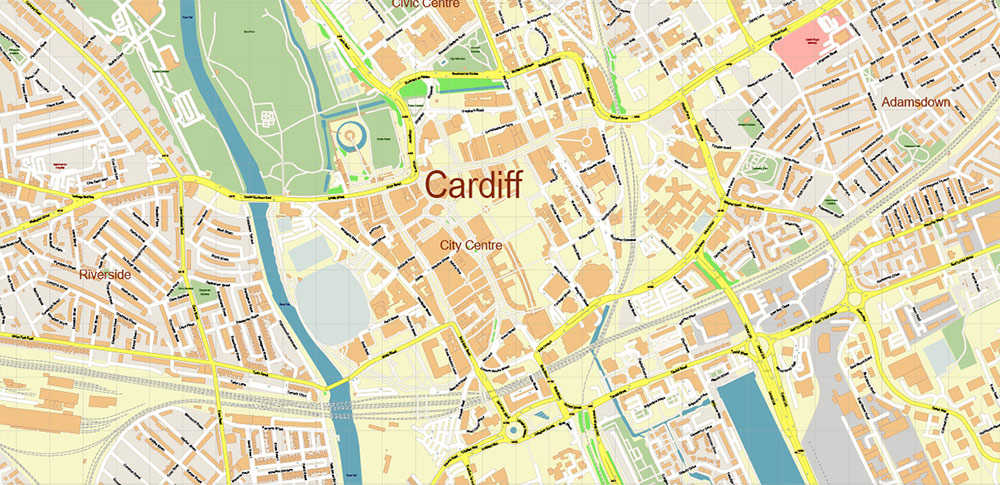 Cardiff UK PDF Vector Map: City Plan High Detailed Street Map editable Adobe PDF in layers