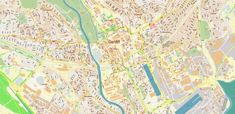 Cardiff UK Map Vector City Plan High Detailed Street Map editable Adobe Illustrator in layers