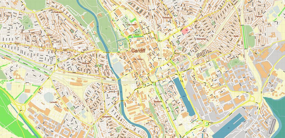 Cardiff UK PDF Vector Map: City Plan High Detailed Street Map editable Adobe PDF in layers