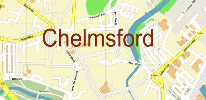 Chelmsford UK Map Vector City Plan High Detailed Street Map editable Adobe Illustrator in layers