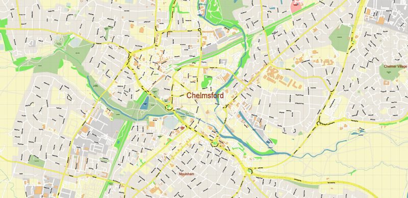Chelmsford UK Map Vector City Plan High Detailed Street Map editable Adobe Illustrator in layers