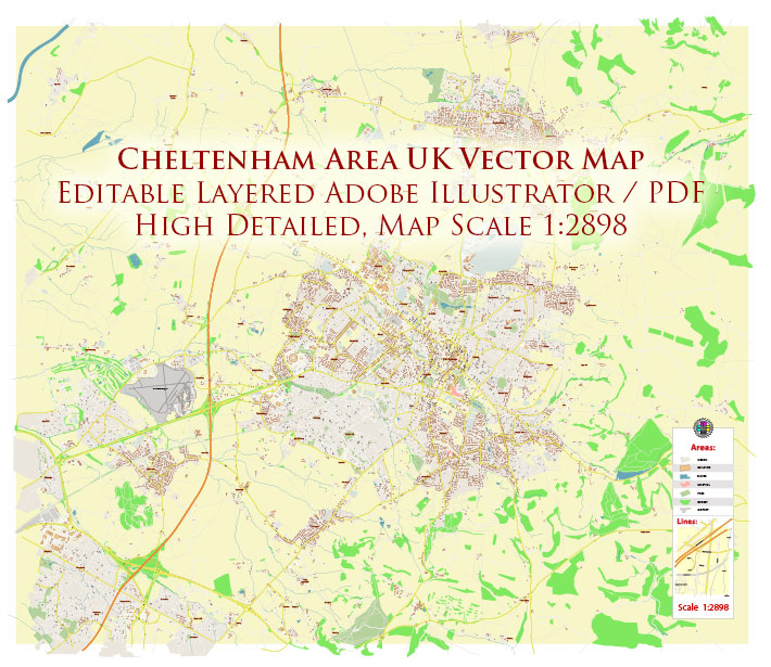 Cheltenham UK Map Vector City Plan High Detailed Street Map editable Adobe Illustrator in layers