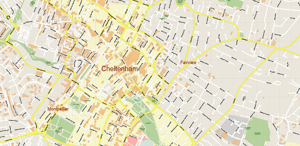 Cheltenham UK PDF Vector Map: City Plan High Detailed Street Map editable Adobe PDF in layers