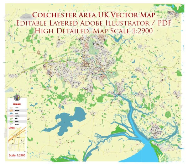 Colchester UK Map Vector City Plan High Detailed Street Map editable Adobe Illustrator in layers