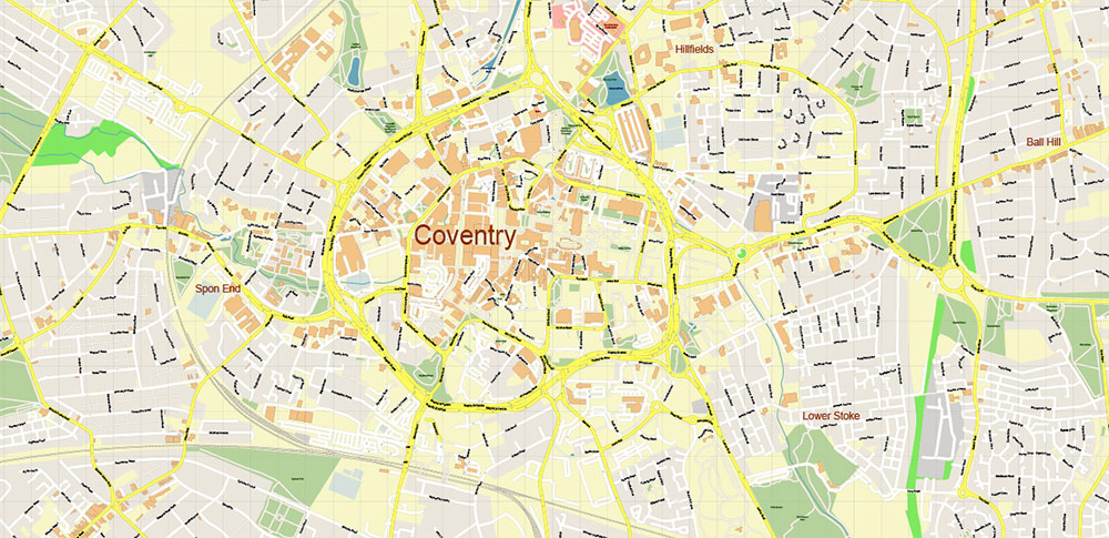 Coventry UK PDF Vector Map: City Plan High Detailed Street Map editable Adobe PDF in layers