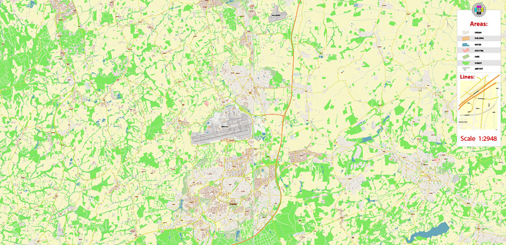 Crawley + Gatwick Airport UK PDF Vector Map: City Plan High Detailed Street Map editable Adobe PDF in layers