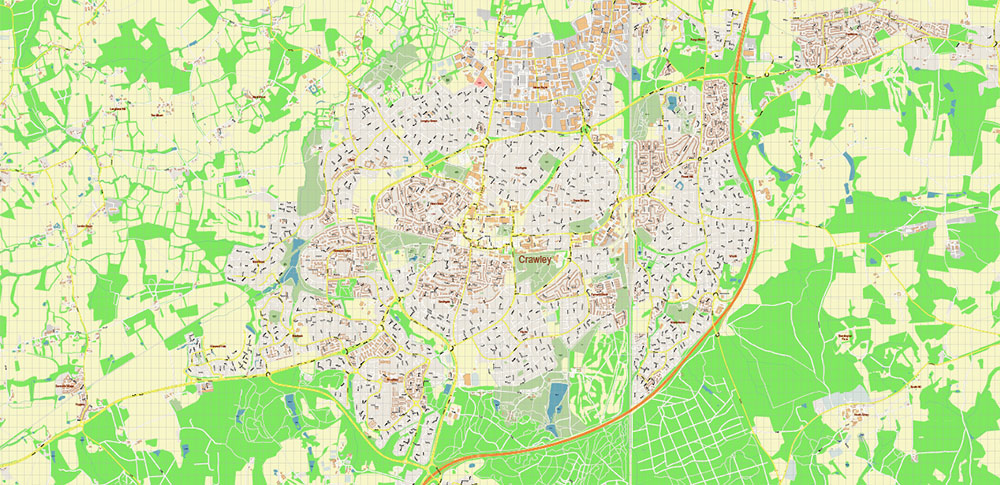 Crawley + Gatwick Airport UK Map Vector City Plan High Detailed Street Map editable Adobe Illustrator in layers