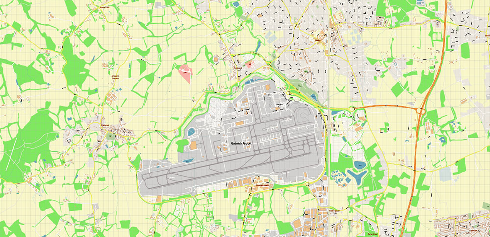 Crawley + Gatwick Airport UK PDF Vector Map: City Plan High Detailed Street Map editable Adobe PDF in layers