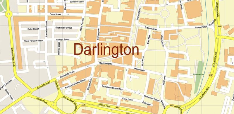 Darlinton UK Map Vector City Plan High Detailed Street Map editable Adobe Illustrator in layers