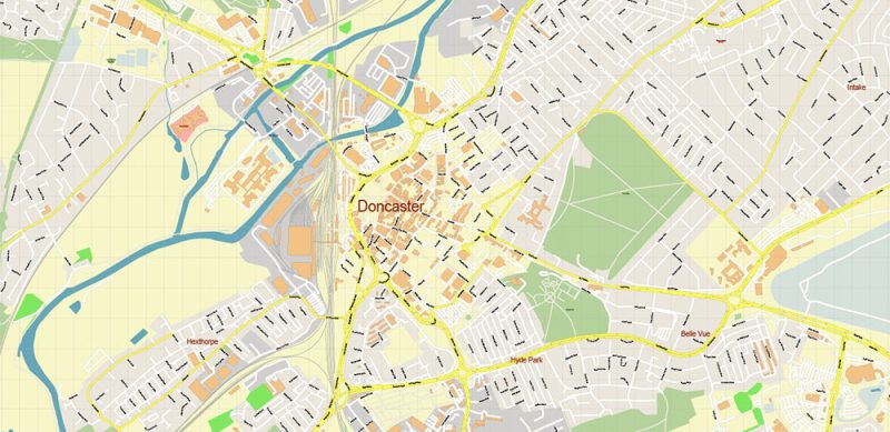 Doncaster UK Map Vector City Plan High Detailed Street Map editable Adobe Illustrator in layers