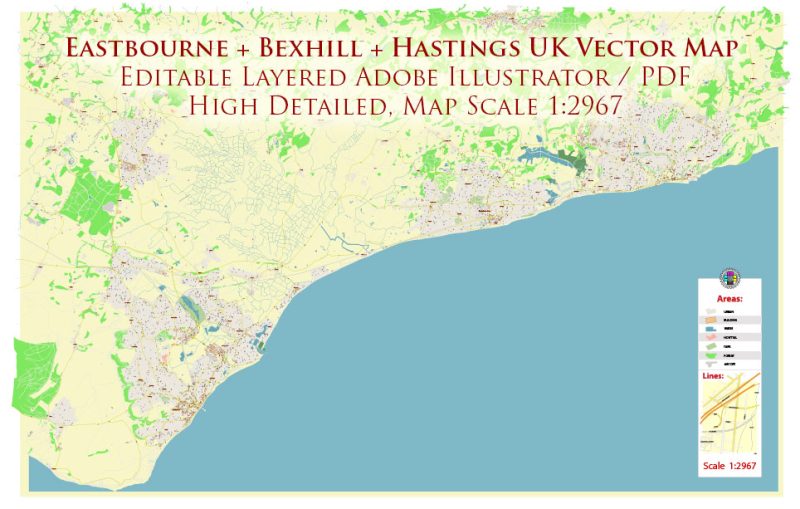 Eastbourne + Bexhill + Hastings UK Map Vector City Plan High Detailed Street Map editable Adobe Illustrator in layers