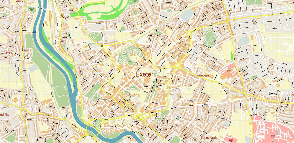 Exeter UK PDF Vector Map: City Plan High Detailed Street Map editable Adobe PDF in layers