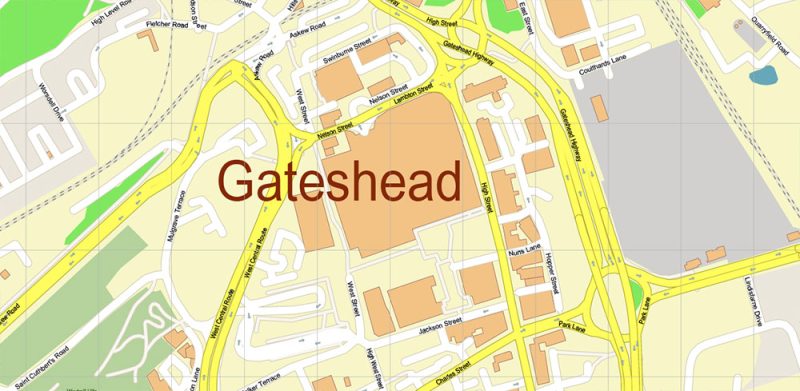 Gateshead UK Map Vector City Plan High Detailed Street Map editable Adobe Illustrator in layers