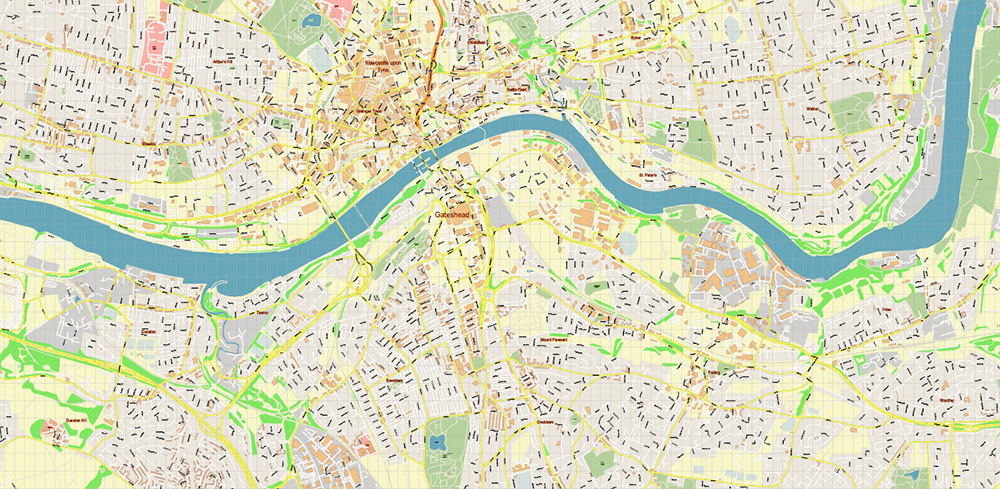 Gateshead UK Map Vector City Plan High Detailed Street Map editable Adobe Illustrator in layers