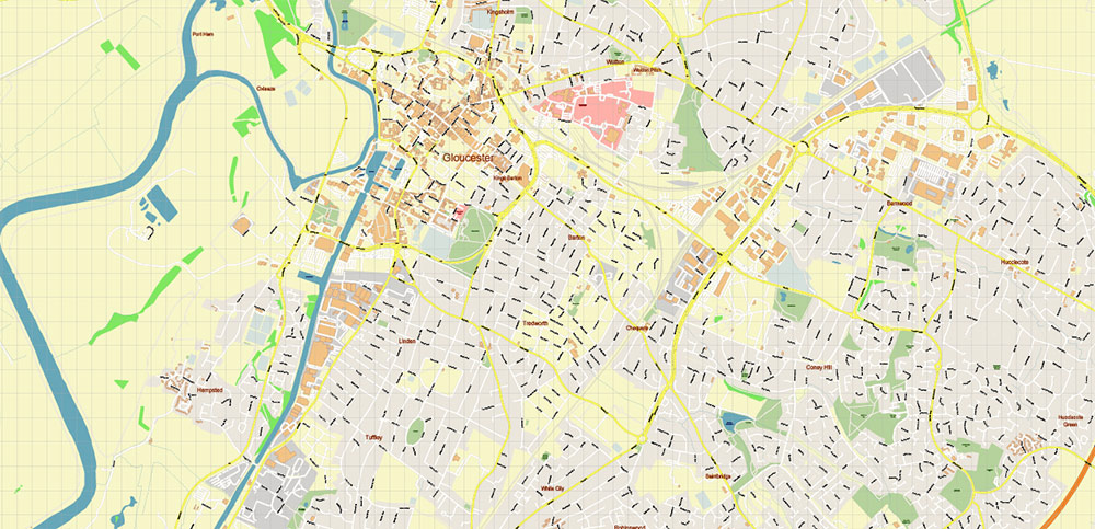 Gloucester + Cheltenham UK PDF Vector Map: City Plan High Detailed Street Map editable Adobe PDF in layers