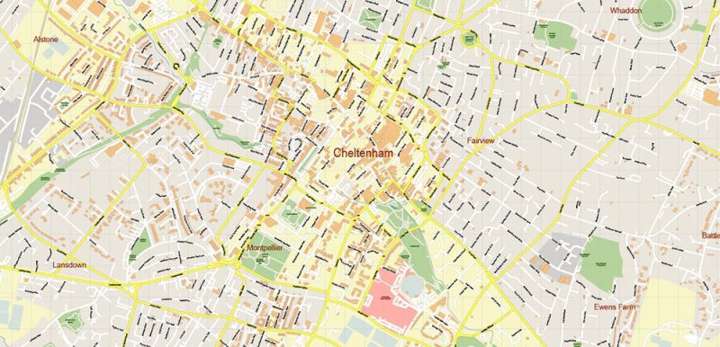 Gloucester + Cheltenham UK Map Vector City Plan High Detailed Street Map editable Adobe Illustrator in layers