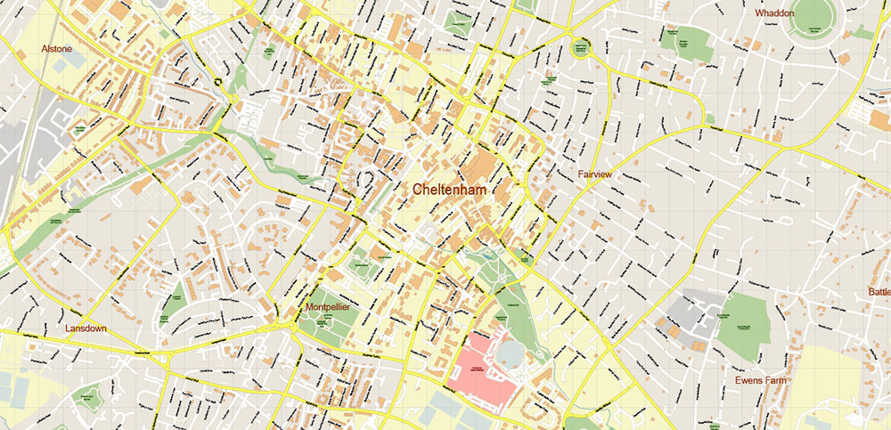 Gloucester + Cheltenham UK PDF Vector Map: City Plan High Detailed Street Map editable Adobe PDF in layers