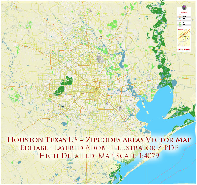 Houston Texas US + Zipcodes Areas PDF Vector Map: City Plan High Detailed Street Map editable Adobe PDF in layers
