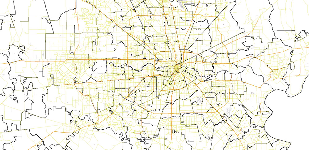 Houston Texas US + Zipcodes Areas Map Vector City Plan High Detailed Street Map editable Adobe Illustrator in layers