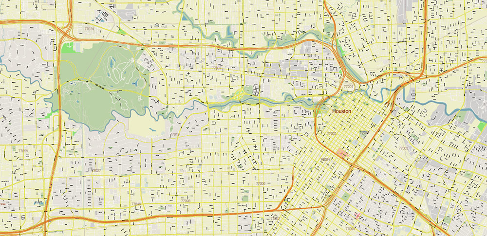 Houston Texas US + Zipcodes Areas Map Vector City Plan High Detailed Street Map editable Adobe Illustrator in layers