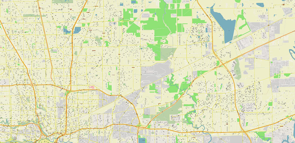 Houston Texas US + Zipcodes Areas PDF Vector Map: City Plan High Detailed Street Map editable Adobe PDF in layers