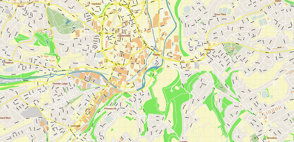 Leeds + Bradford UK Map Vector City Plan High Detailed Street Map editable Adobe Illustrator in layers