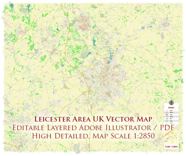 Leicester UK Map Vector City Plan High Detailed Street Map editable Adobe Illustrator in layers