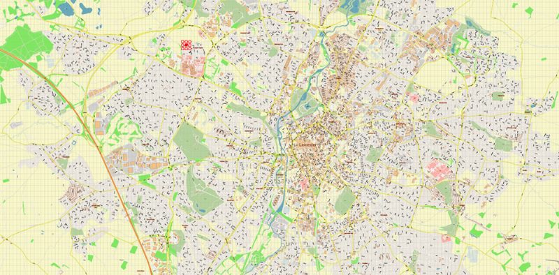 Leicester UK Map Vector City Plan High Detailed Street Map editable Adobe Illustrator in layers