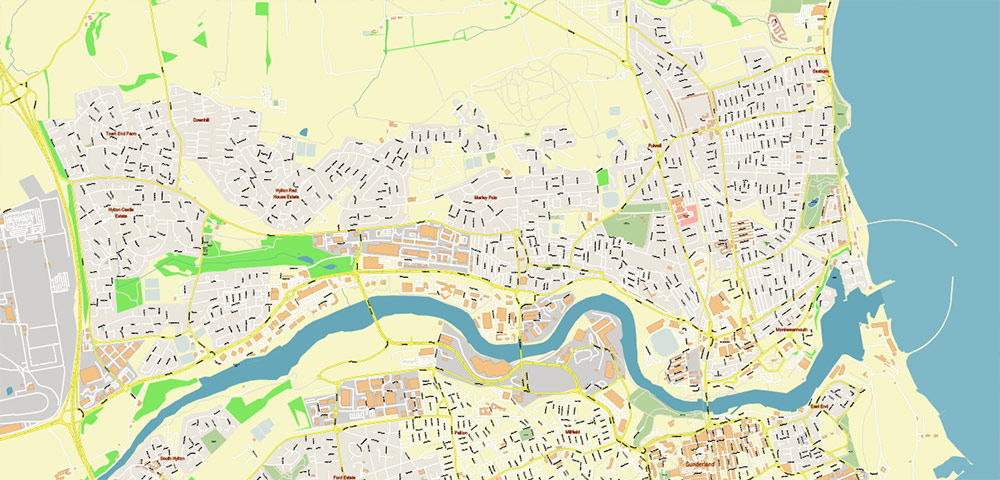 Newcastle Upon Tyne UK PDF Vector Map: City Plan High Detailed Street Map editable Adobe PDF in layers