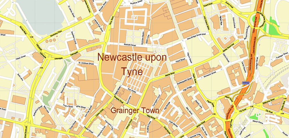 Newcastle Upon Tyne UK PDF Vector Map: City Plan High Detailed Street Map editable Adobe PDF in layers