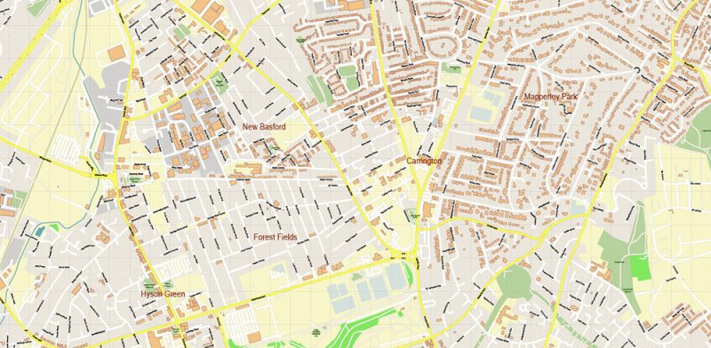 Nottingham + Derby UK Map Vector City Plan High Detailed Street Map editable Adobe Illustrator in layers